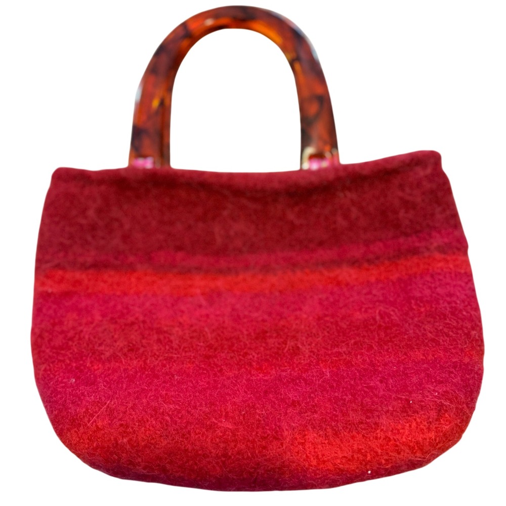 Handmade Felt Wool Red Ombre Tote w/Tortoise Acrylic Handles Lined Artisan Purse